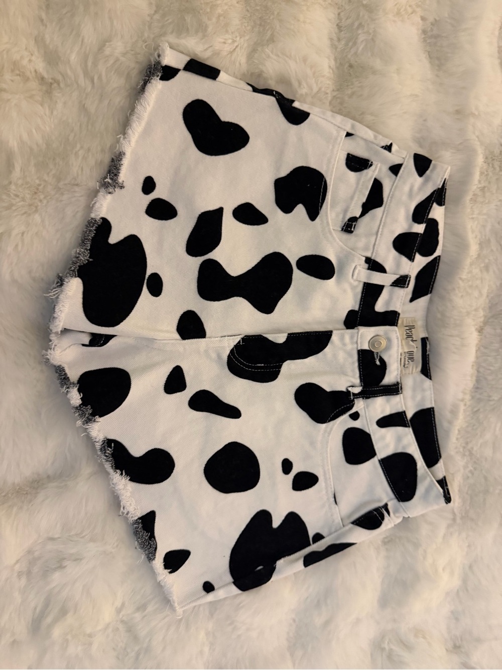 Peach Love California Black & White Cow Spot Denim Shorts